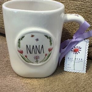 NANA Rae Dunn Cream Floral Ceramic Mug with Purple Ribbon